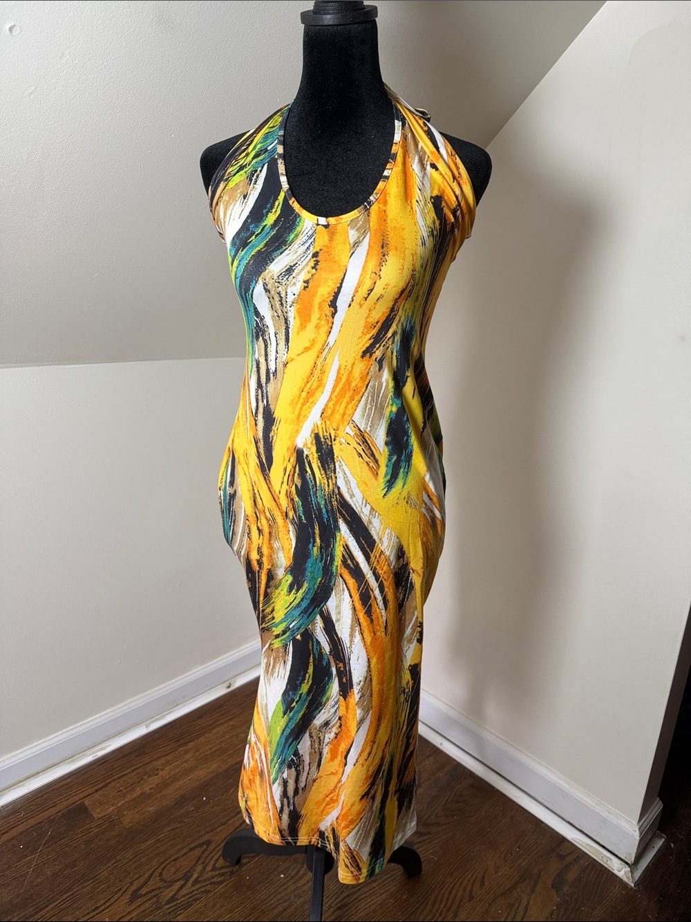 SHEIN Yellow Multi-Print Halter Maxi Dress with Teal & Black Accents
